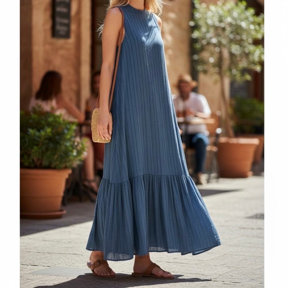 Nordstrom Seersucker Sleeveless Midi Shift Dress Women's Small Blue